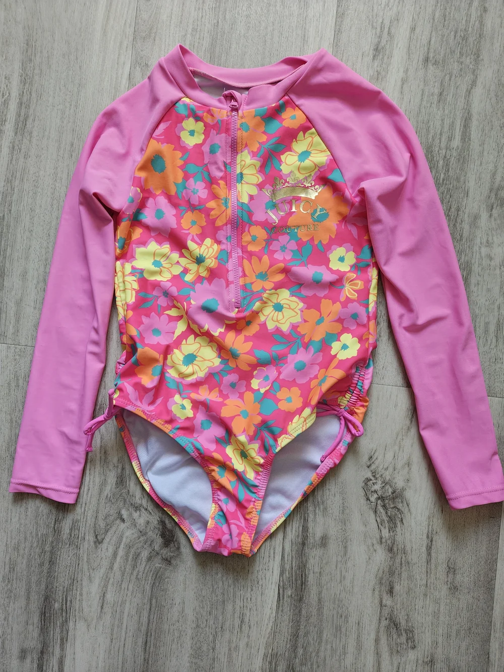 Juicy Couture Girls' Pink Floral Long-Sleeve One-Piece Swimsuit